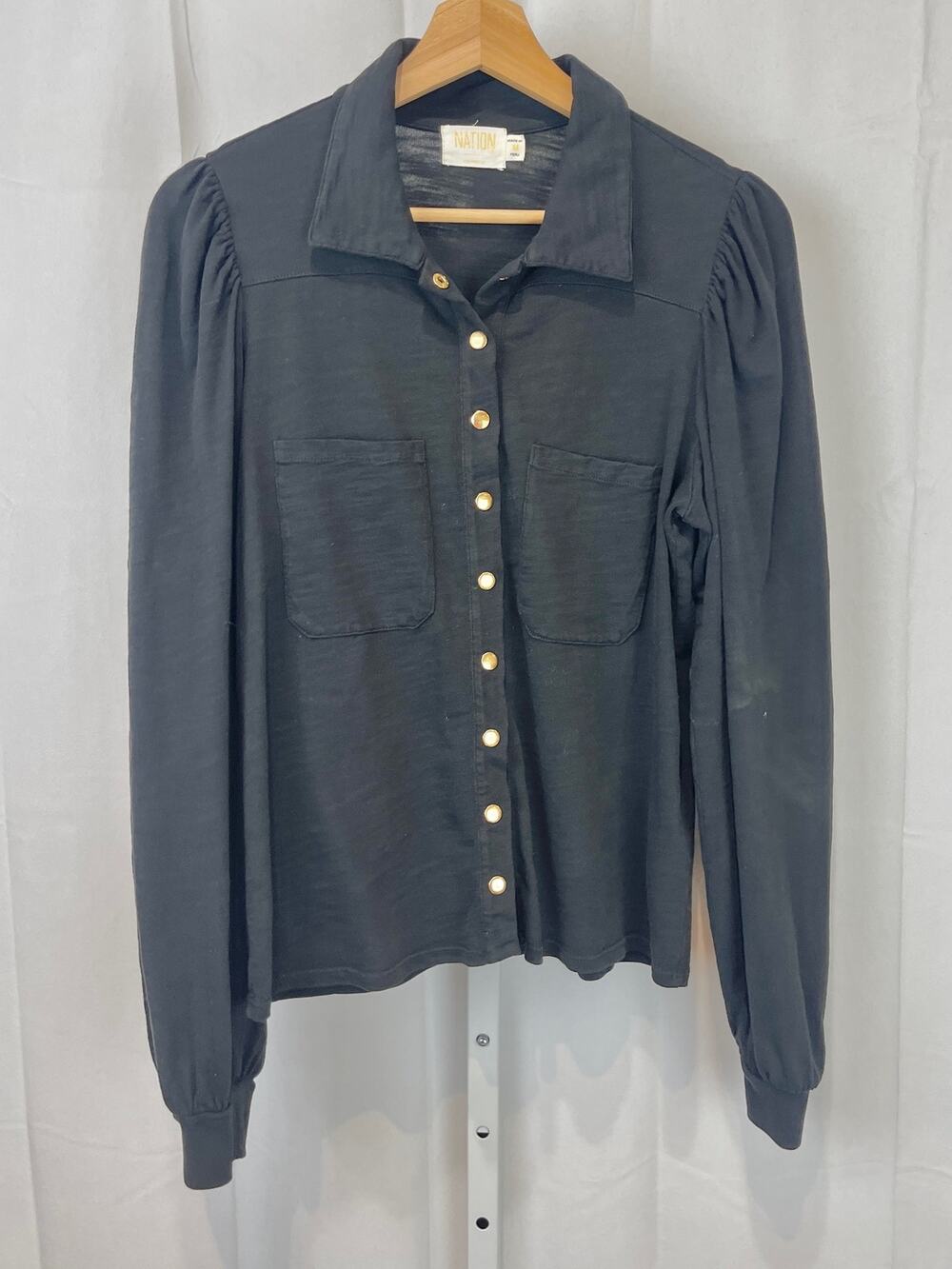 NATION LTD Desta Femme Top Long Puff Sleeve Snap Front Slub Cotton Knit Black M
